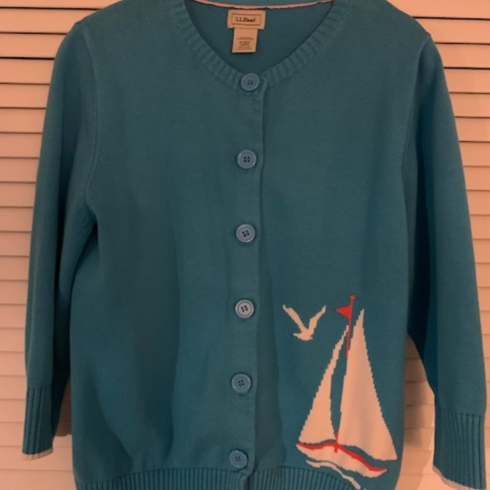 Cotton L.L.Bean Turquoise Cardigan sweater with Sailboat